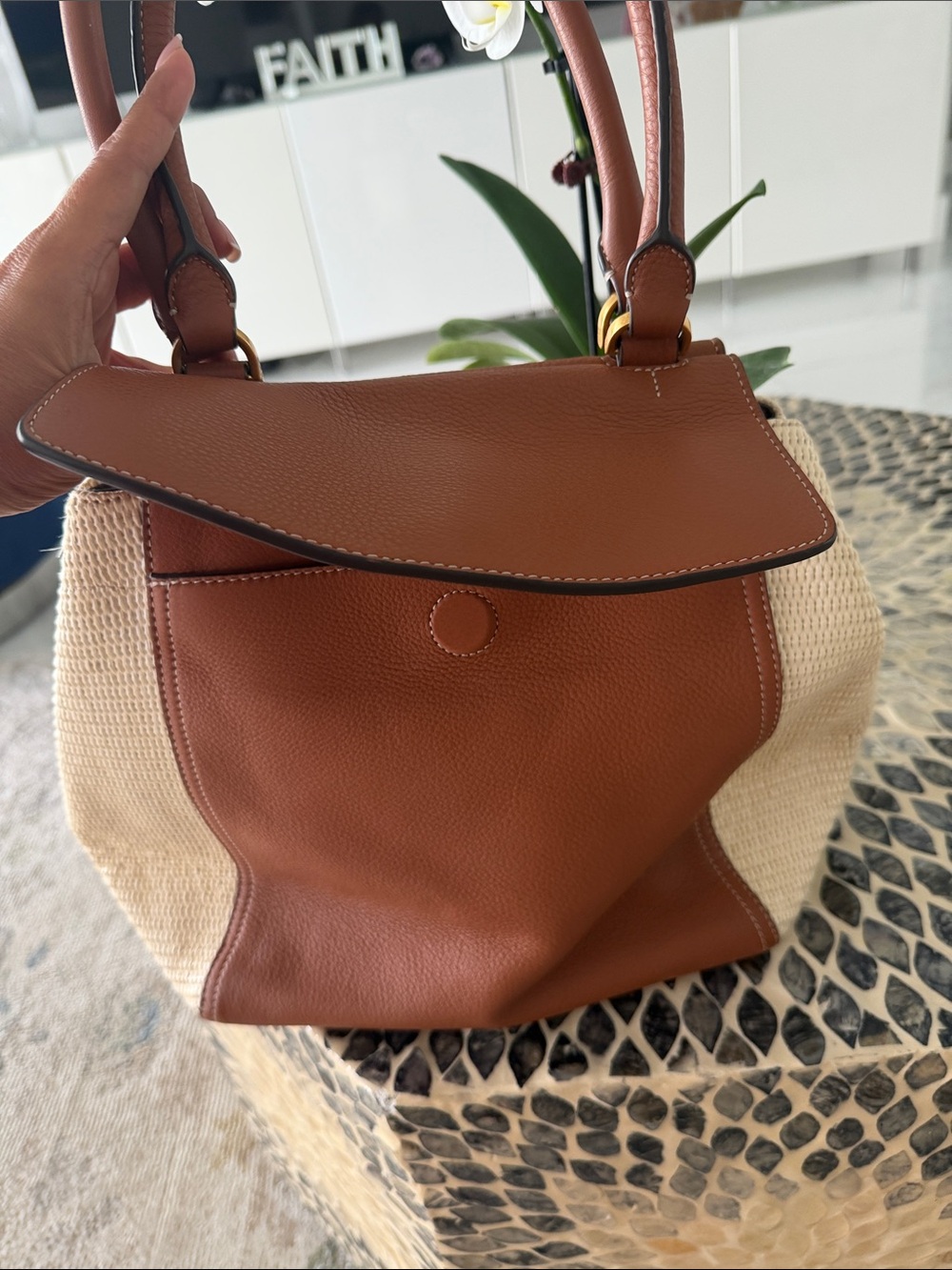 Tory Burch Cognac Leather and Cream Woven Shoulder Bag - Picture 5 of 11